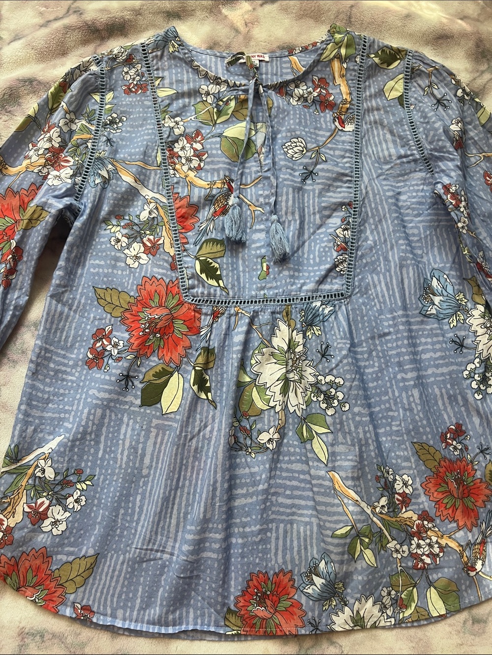 Johnny Was Blue Floral Top with Tassel Tie
